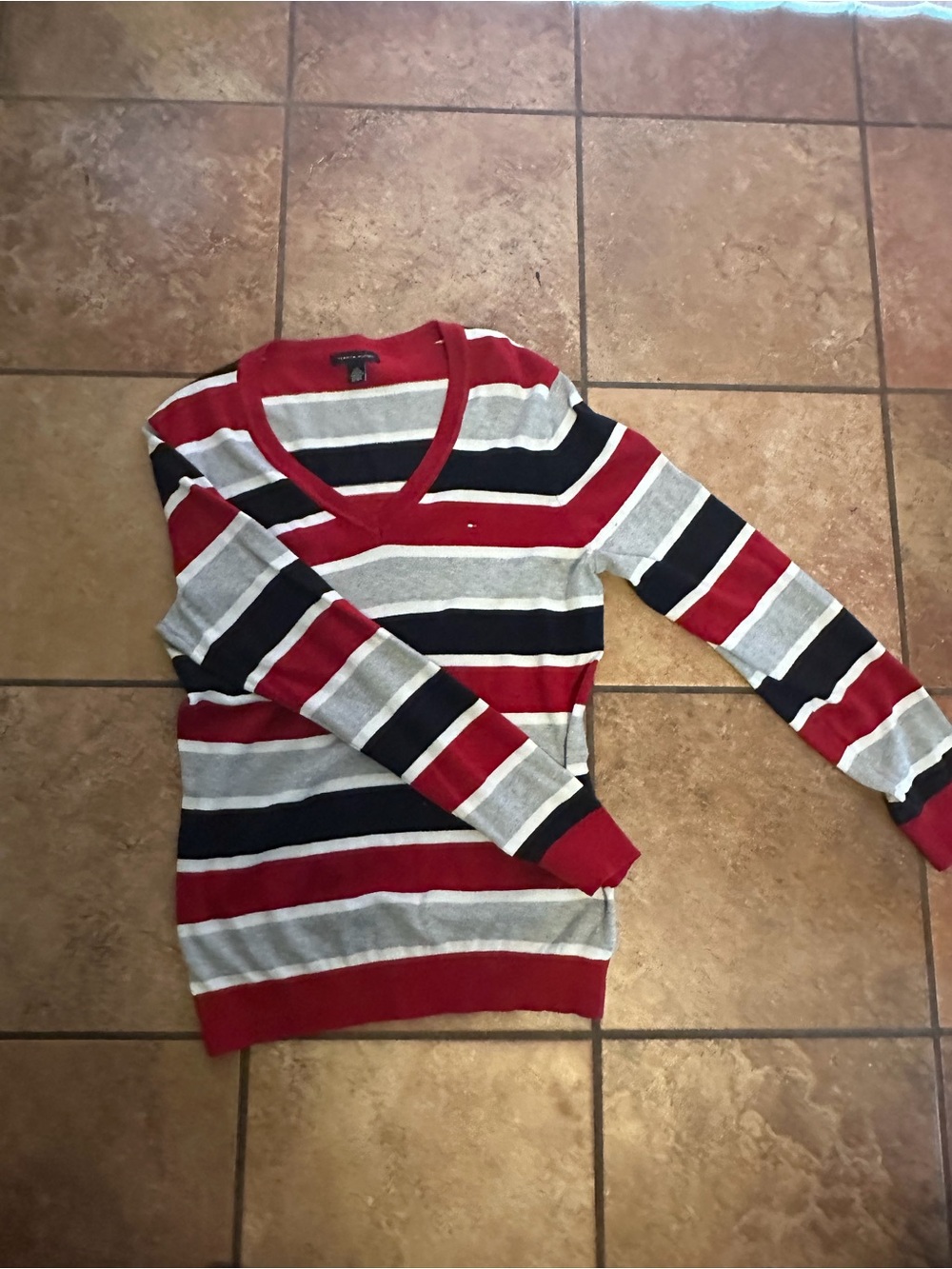 Tommy Hilfiger V-Neck Striped Sweater - Red, Gray & Blue
